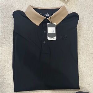 NWT Men’s PXG Black performance /golf polo with Tan Collar